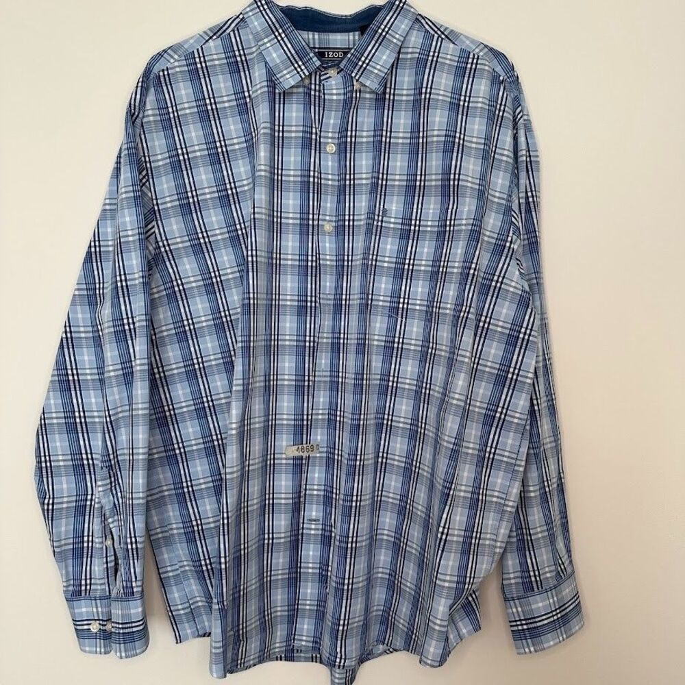 Izod Men's Blue Plaid Button Down Long Sleeve Collared Shirt- XXL